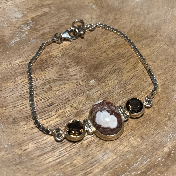 Agate & Smoky Topaz Stone Box Chain 925 Sterling Silver Bracelet - Picture 3 of 15